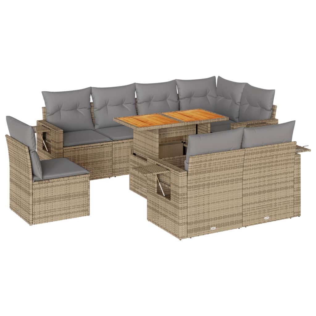 9-tlg. Garten-Sofagarnitur mit Kissen Beige Poly Rattan