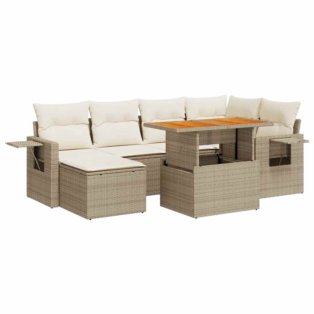 7-tlg. Garten-Sofagarnitur mit Kissen Beige Poly Rattan