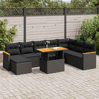 9-tlg. Garten-Sofagarnitur mit Kissen Schwarz Poly Rattan