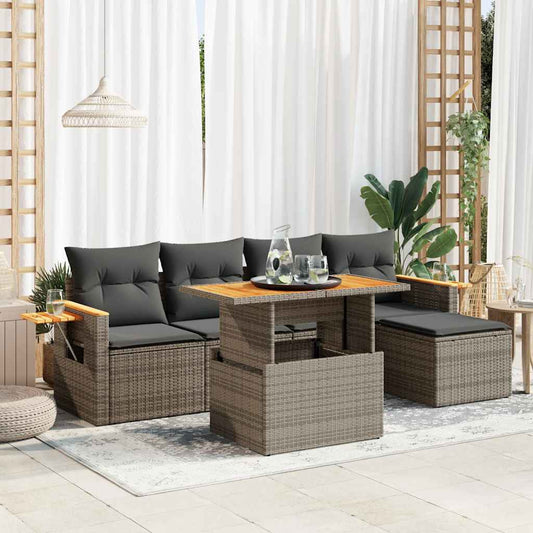 7-tlg. Garten-Sofagarnitur mit Kissen Grau Poly Rattan Akazie