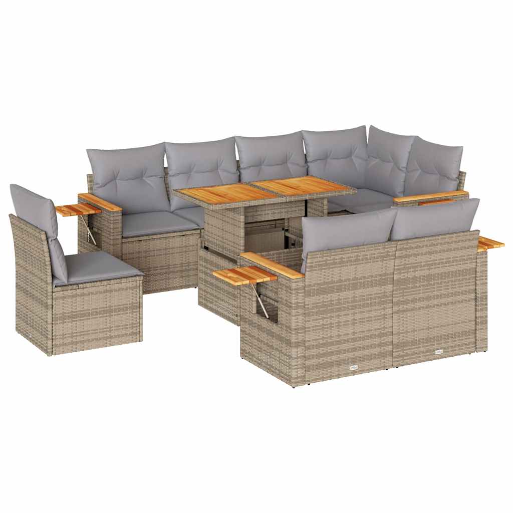 9-tlg. Garten-Sofagarnitur mit Kissen Beige Poly Rattan Akazie