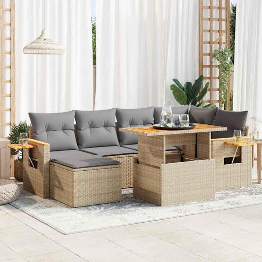 7-tlg. Garten-Sofagarnitur mit Kissen Beige Poly Rattan Akazie