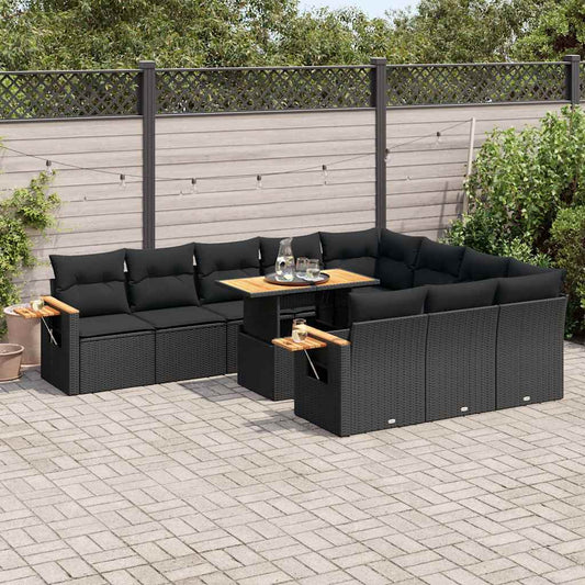 10-tlg. Garten-Sofagarnitur mit Kissen Schwarz Poly Rattan