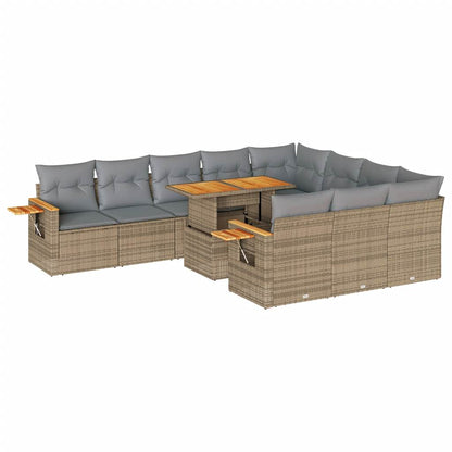 10-tlg. Garten-Sofagarnitur mit Kissen Beige Poly Rattan Akazie