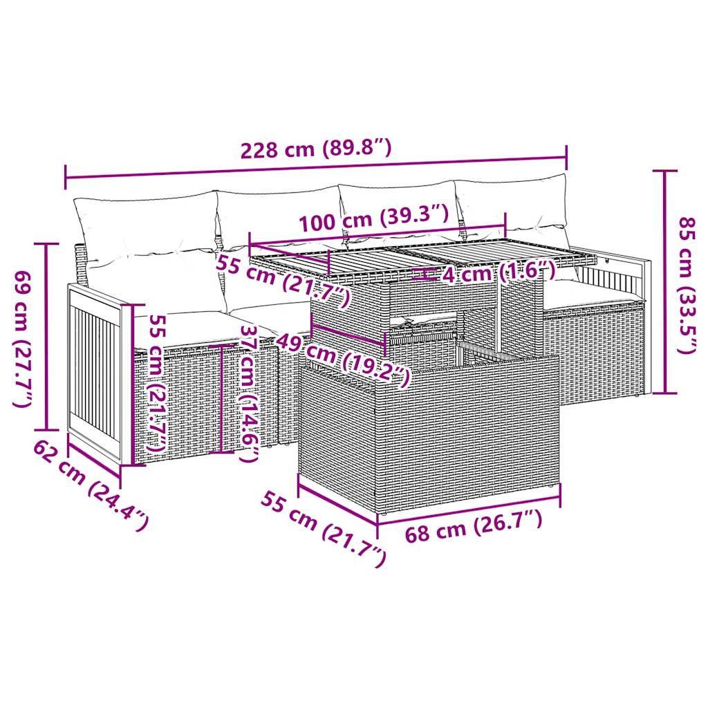 5tlg. Garten-Sofagarnitur mit Kissen Schwarz Poly Rattan Akazie