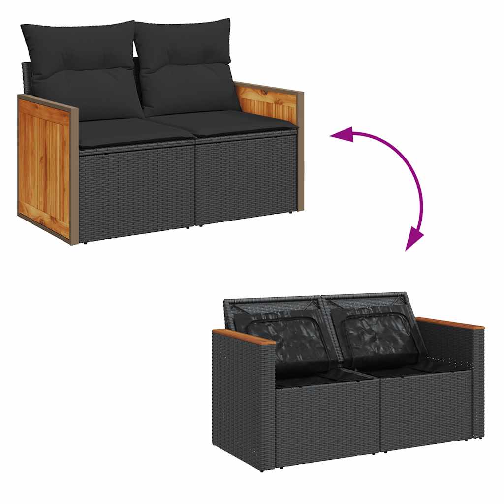 5tlg. Garten-Sofagarnitur mit Kissen Schwarz Poly Rattan Akazie