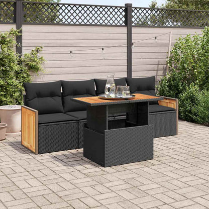 5tlg. Garten-Sofagarnitur mit Kissen Schwarz Poly Rattan Akazie