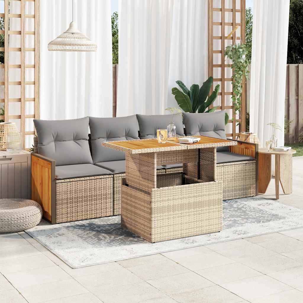 5-tlg. Garten-Sofagarnitur mit Kissen Beige Poly Rattan Akazie