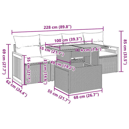 5-tlg. Garten-Sofagarnitur mit Kissen Grau Poly Rattan Akazie