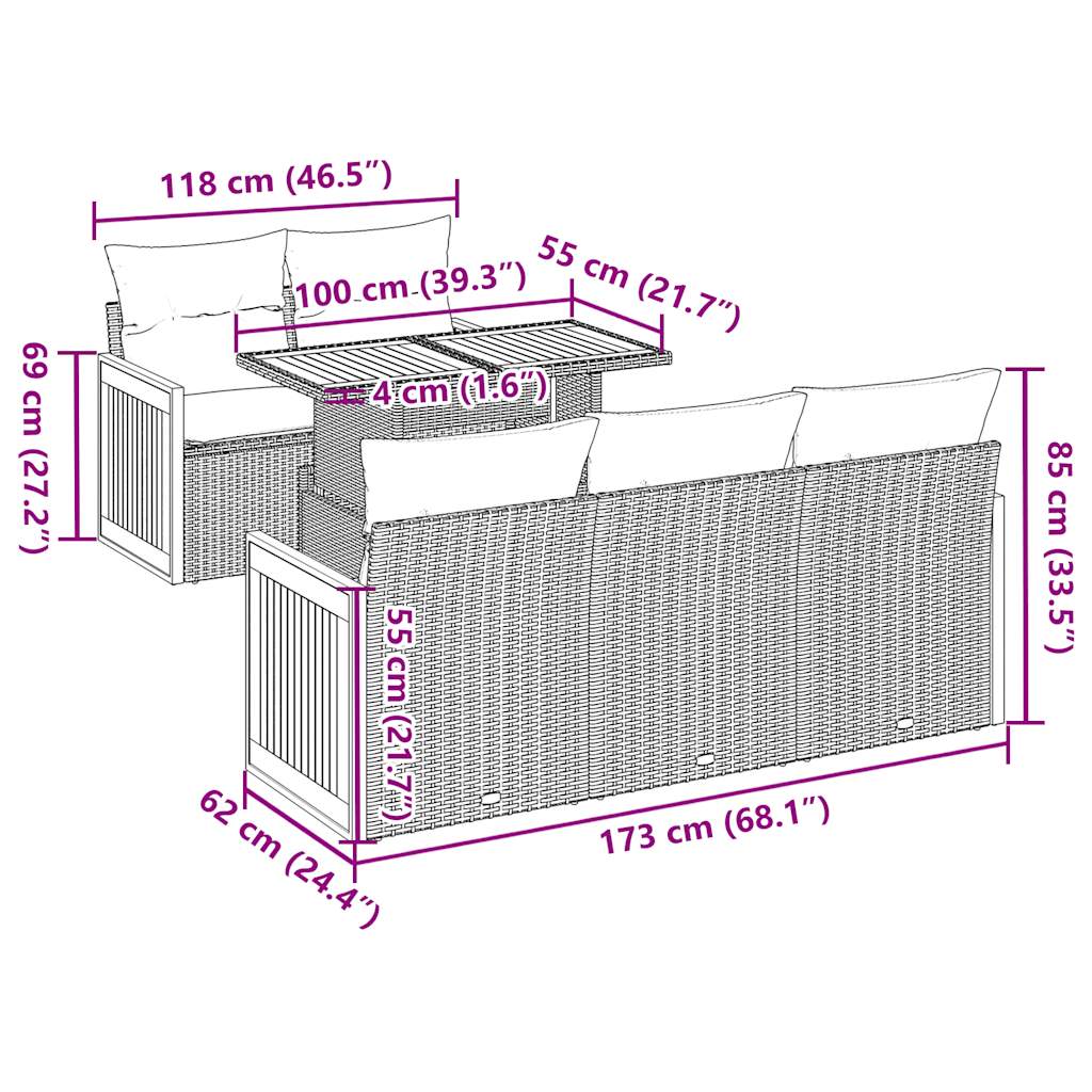 6-tlg. Garten-Sofagarnitur mit Kissen Grau Poly Rattan Akazie