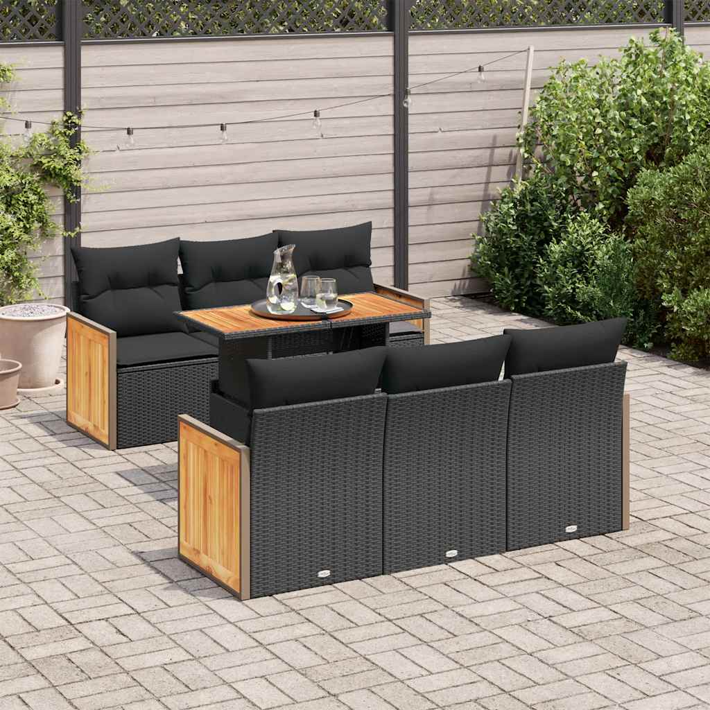 7-tlg. Garten-Sofagarnitur mit Kissen Schwarz Poly Rattan