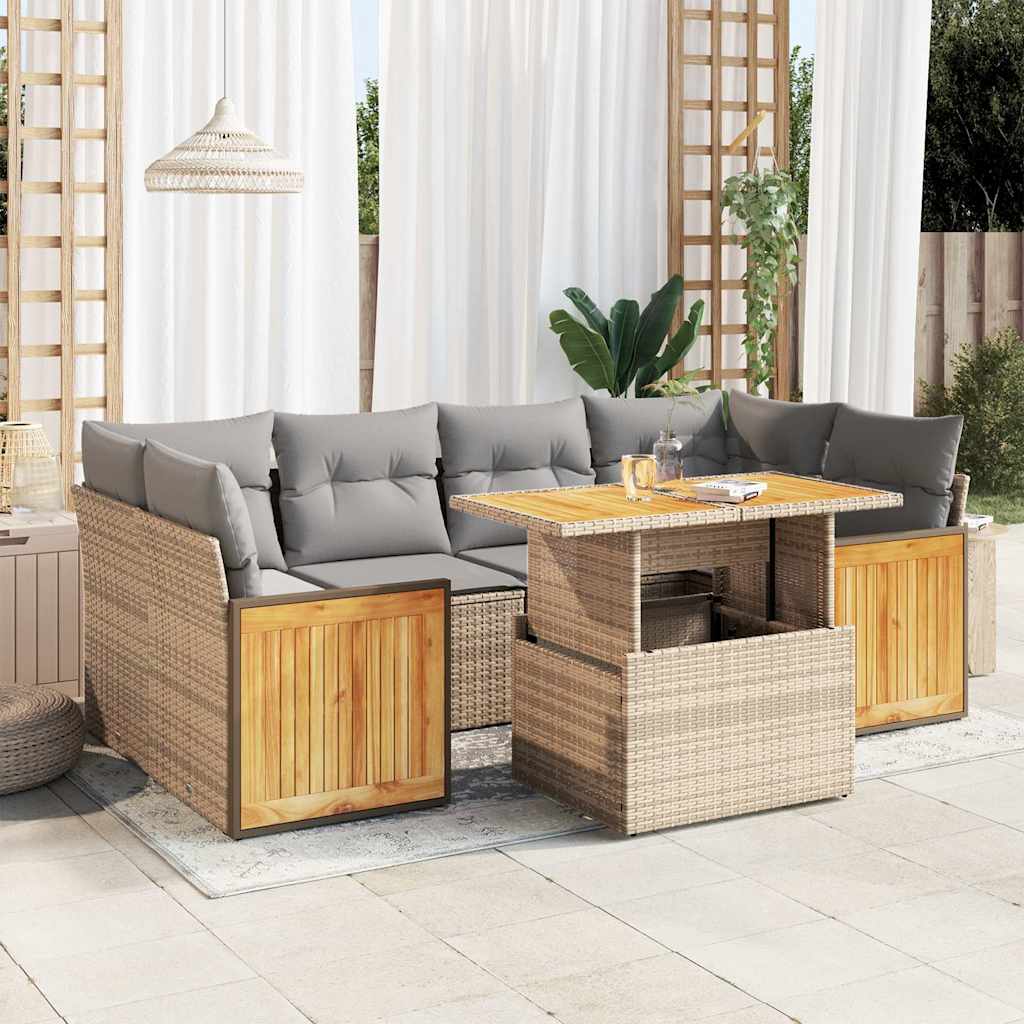 7-tlg. Garten-Sofagarnitur mit Kissen Beige Poly Rattan Akazie