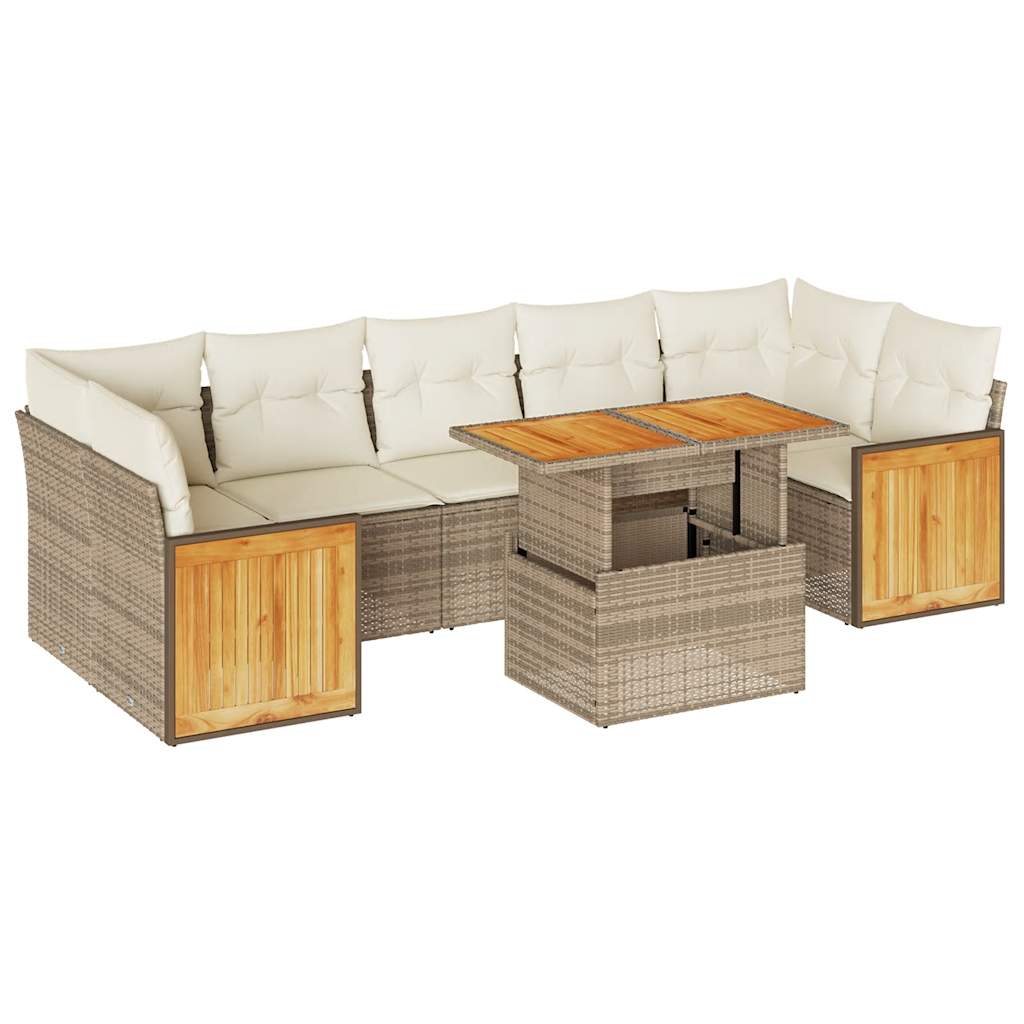 8-tlg. Garten-Sofagarnitur mit Kissen Beige Poly Rattan Akazie