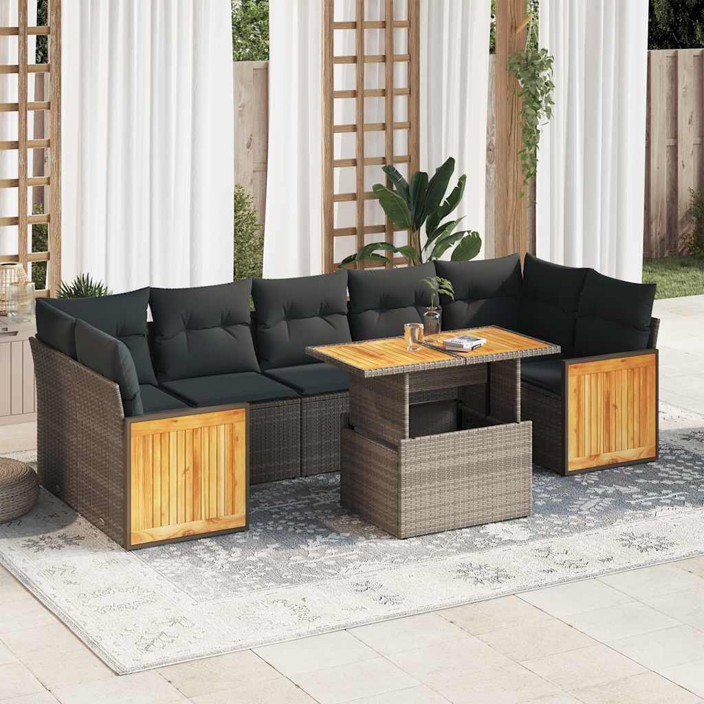 8-tlg. Garten-Sofagarnitur mit Kissen Grau Poly Rattan Akazie