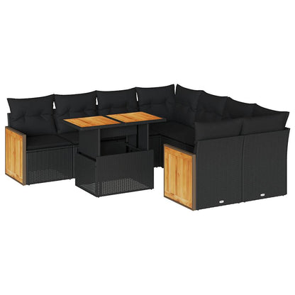 9-tlg. Garten-Sofagarnitur mit Kissen Schwarz Poly Rattan