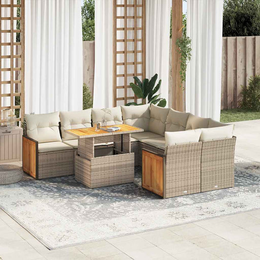 9-tlg. Garten-Sofagarnitur mit Kissen Beige Poly Rattan Akazie