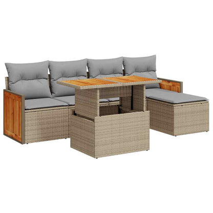 6-tlg. Garten-Sofagarnitur mit Kissen Beige Poly Rattan Akazie