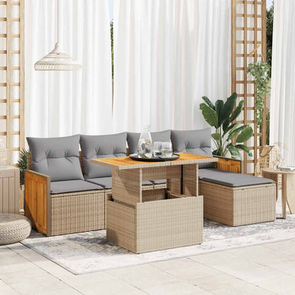 6-tlg. Garten-Sofagarnitur mit Kissen Beige Poly Rattan Akazie