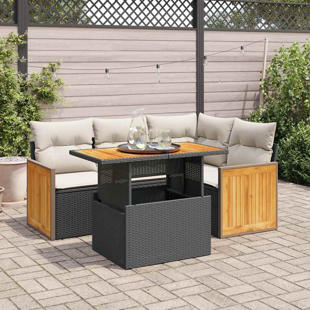 5tlg. Garten-Sofagarnitur mit Kissen Schwarz Poly Rattan Akazie