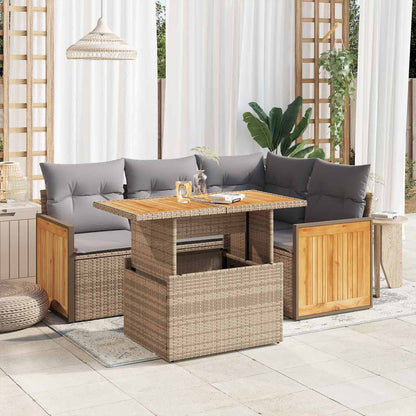 5-tlg. Garten-Sofagarnitur mit Kissen Beige Poly Rattan Akazie