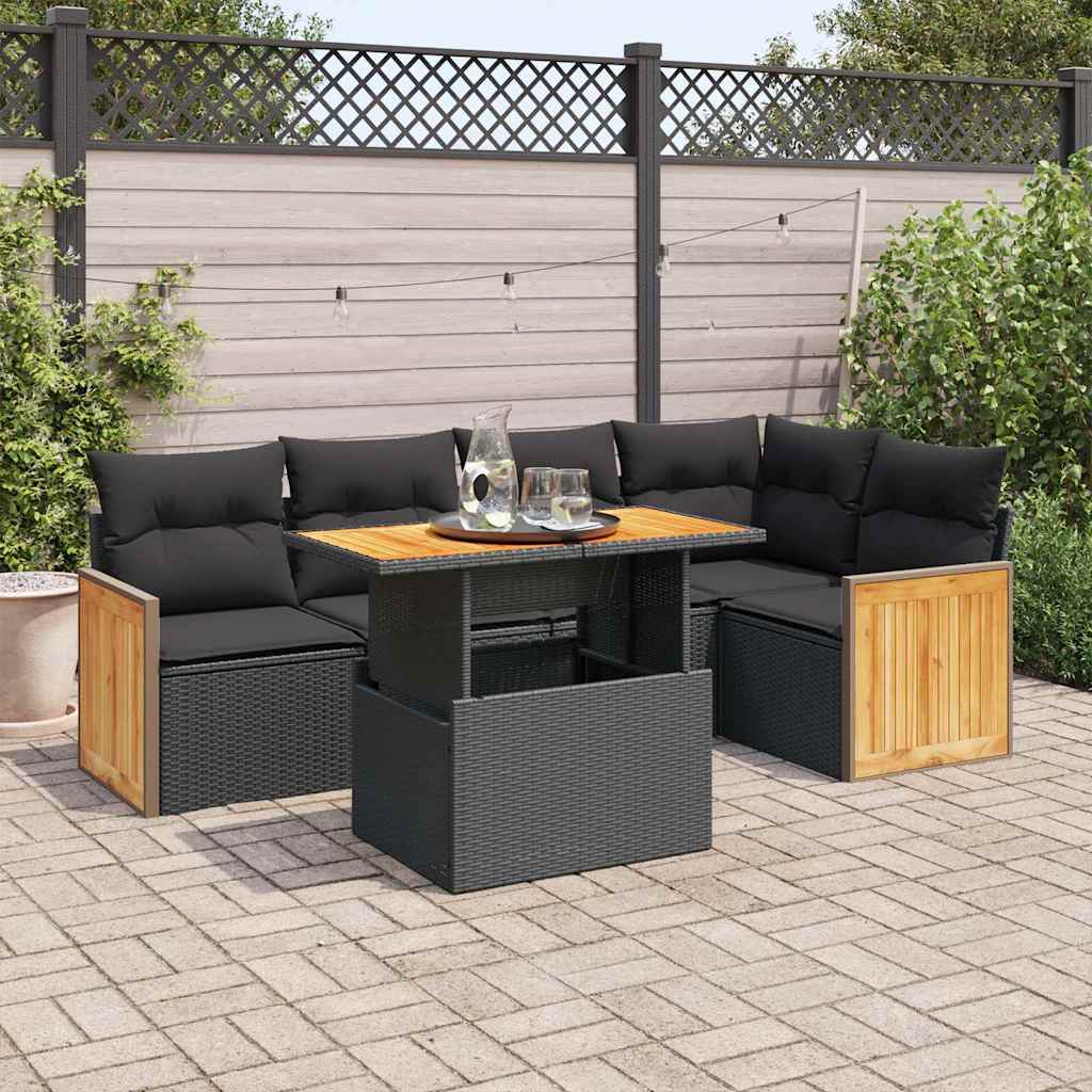 6-tlg. Garten-Sofagarnitur mit Kissen Schwarz Poly Rattan