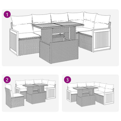 6-tlg. Garten-Sofagarnitur mit Kissen Grau Poly Rattan Akazie