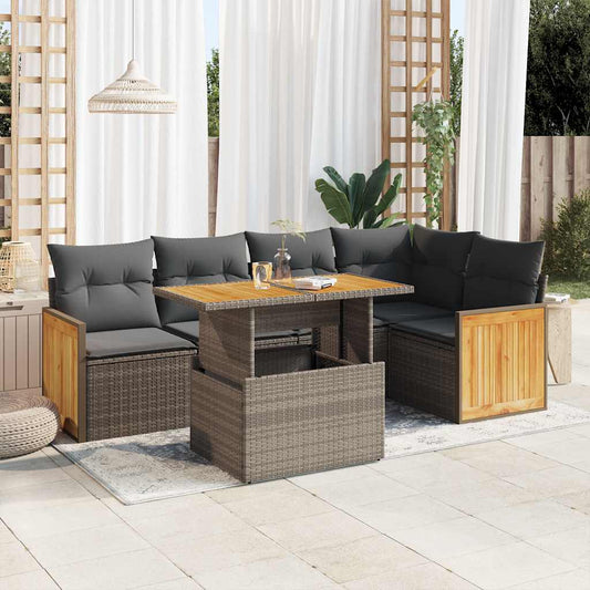 6-tlg. Garten-Sofagarnitur mit Kissen Grau Poly Rattan Akazie