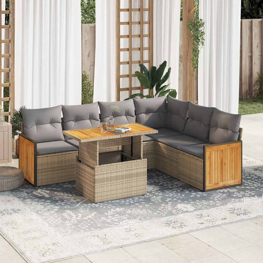 7-tlg. Garten-Sofagarnitur mit Kissen Beige Poly Rattan Akazie