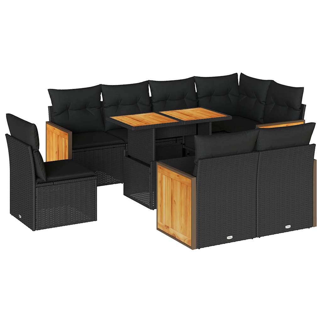 9-tlg. Garten-Sofagarnitur mit Kissen Schwarz Poly Rattan