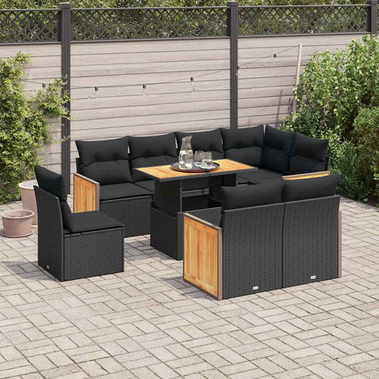 9-tlg. Garten-Sofagarnitur mit Kissen Schwarz Poly Rattan