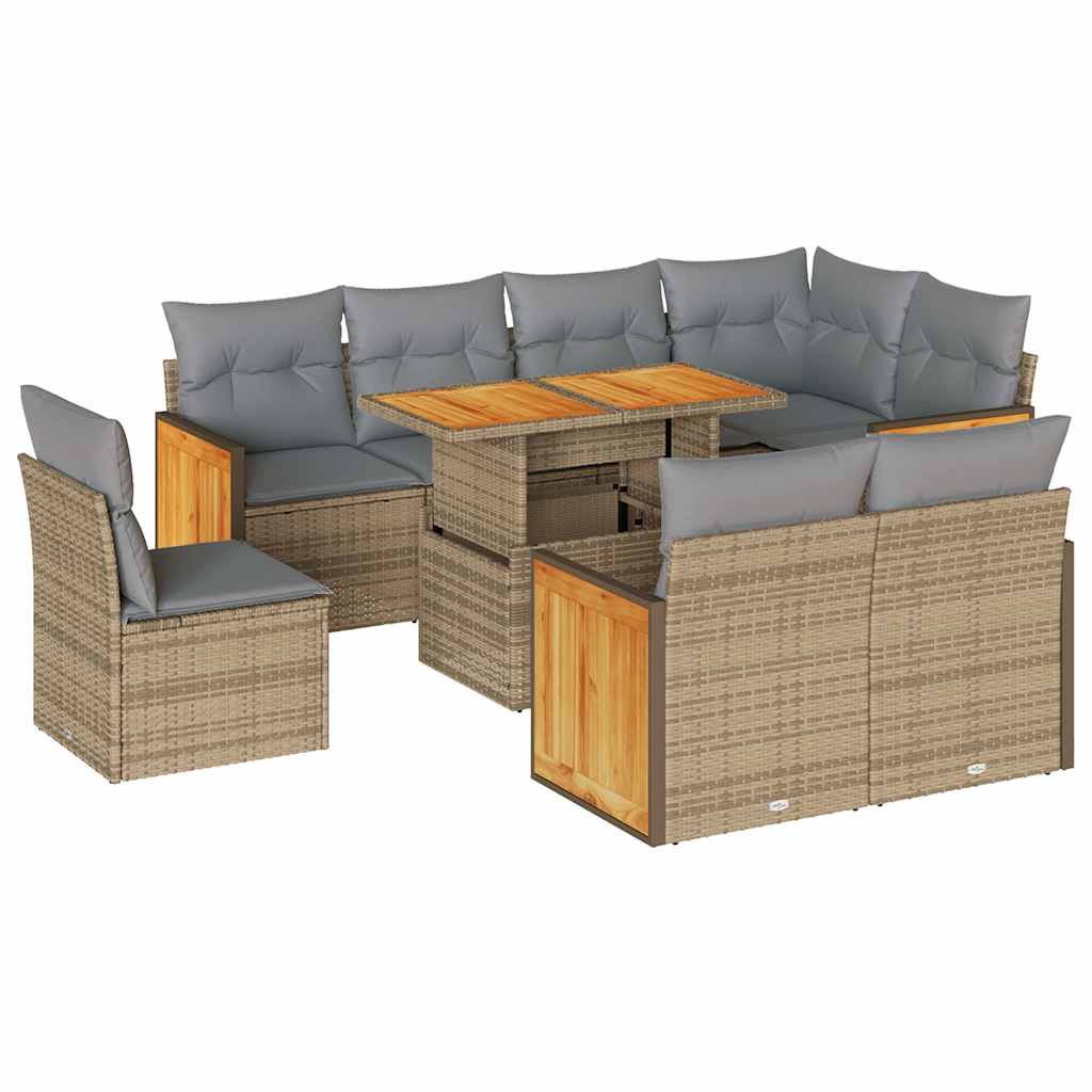 9-tlg. Garten-Sofagarnitur mit Kissen Beige Poly Rattan Akazie