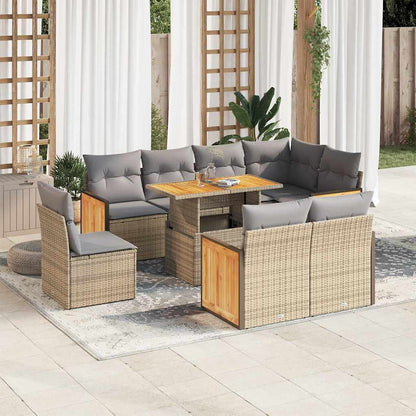 9-tlg. Garten-Sofagarnitur mit Kissen Beige Poly Rattan Akazie