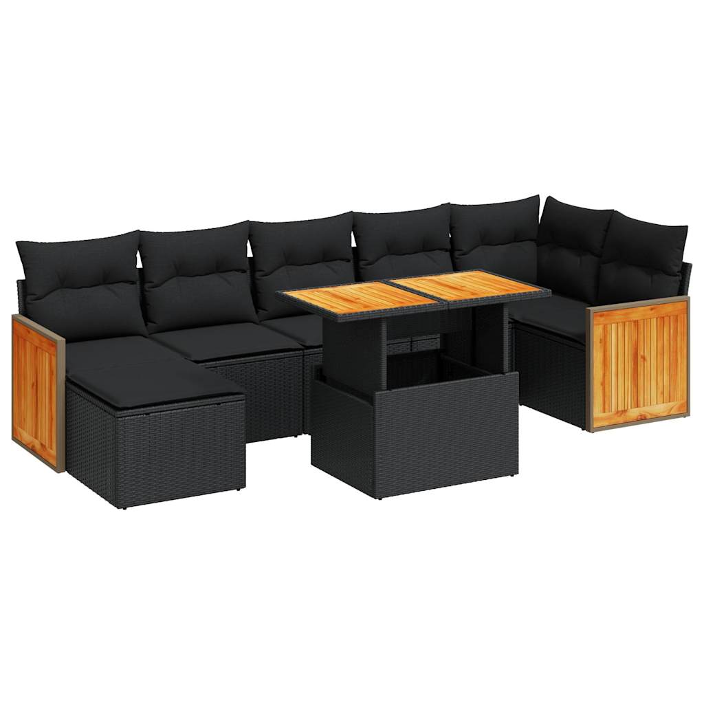 7-tlg. Garten-Sofagarnitur mit Kissen Schwarz Poly Rattan