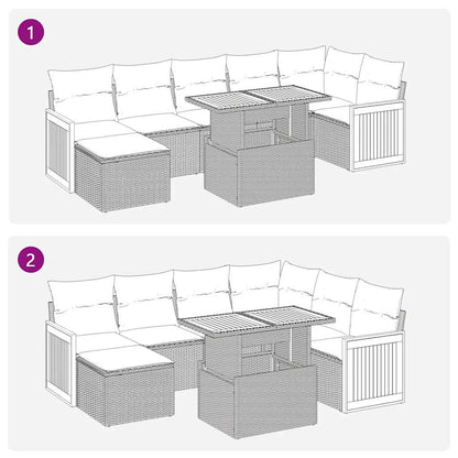 7-tlg. Garten-Sofagarnitur mit Kissen Grau Poly Rattan Akazie