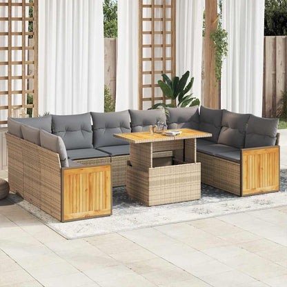 10-tlg. Garten-Sofagarnitur mit Kissen Beige Poly Rattan Akazie