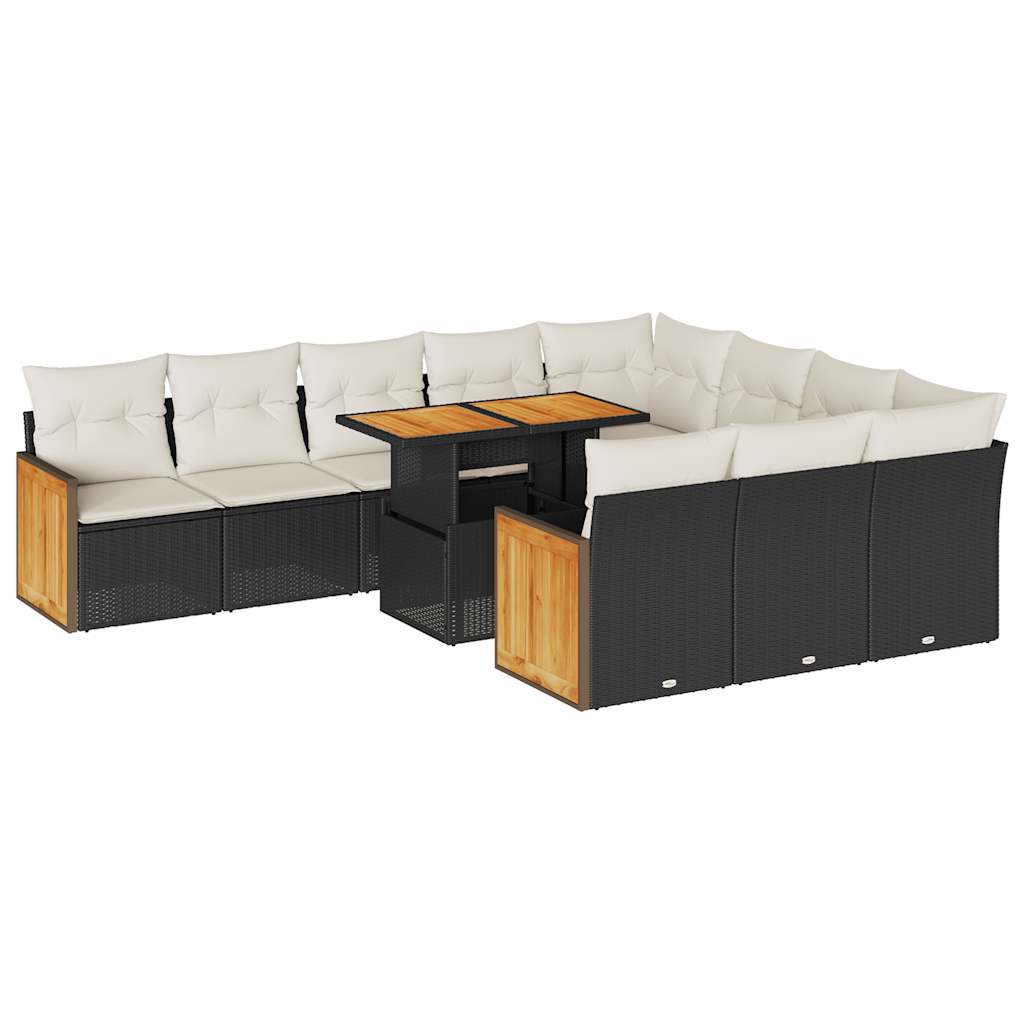 11-tlg. Garten-Sofagarnitur mit Kissen Schwarz Poly Rattan