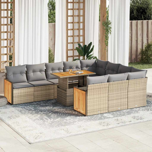 11-tlg. Garten-Sofagarnitur mit Kissen Beige Poly Rattan Akazie