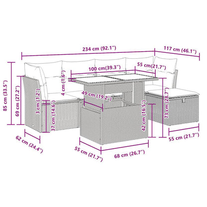 6-tlg. Garten-Sofagarnitur mit Kissen Grau Poly Rattan