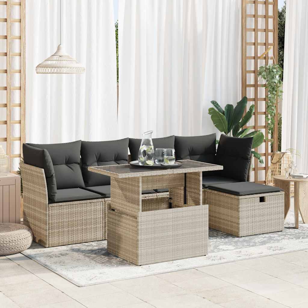 6-tlg. Garten-Sofagarnitur mit Kissen Hellgrau Poly Rattan