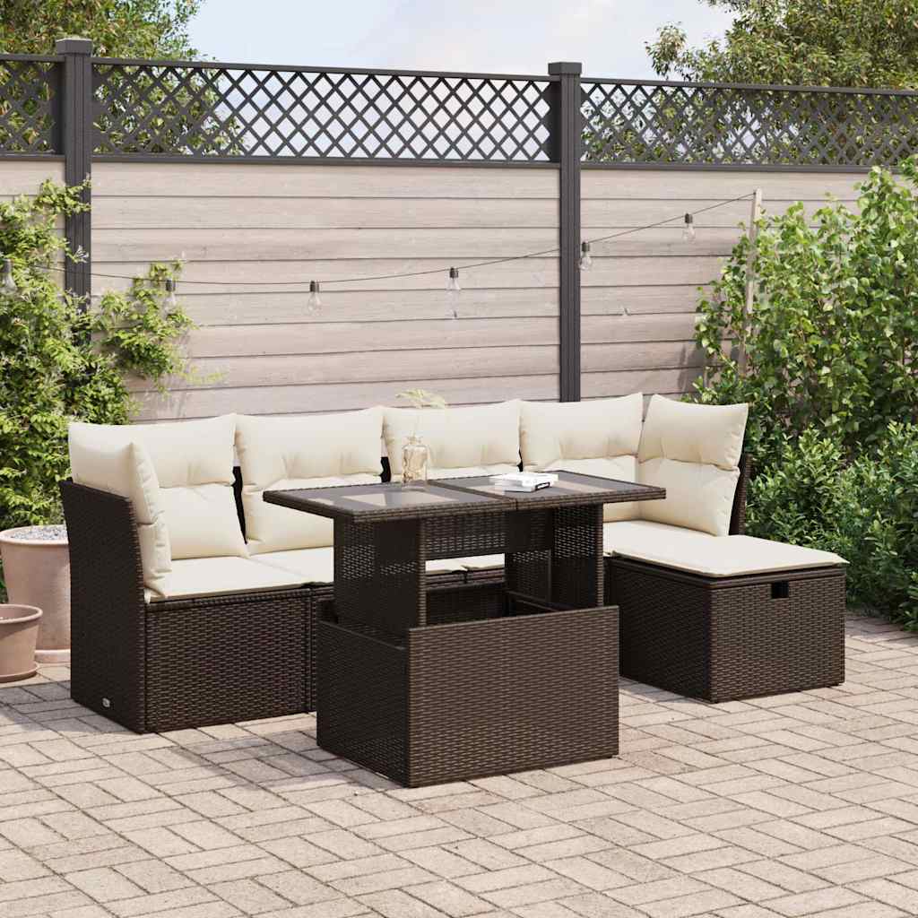 6-tlg. Garten-Sofagarnitur mit Kissen Braun Poly Rattan