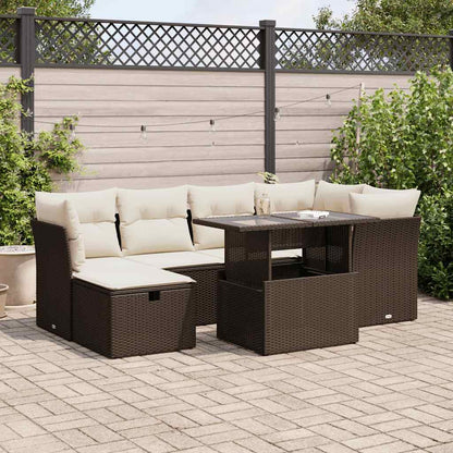 7-tlg. Garten-Sofagarnitur mit Kissen Braun Poly Rattan