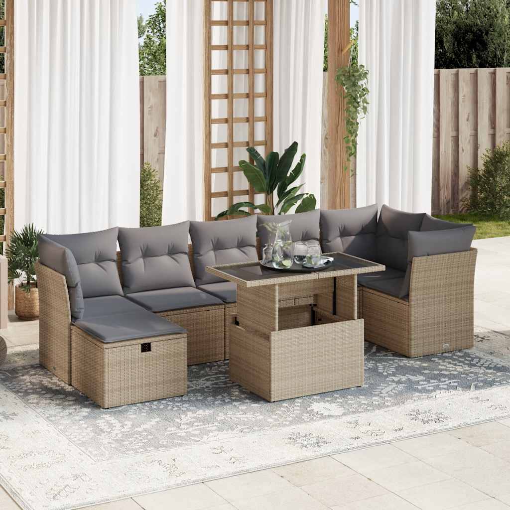 8-tlg. Garten-Sofagarnitur mit Kissen Beige Poly Rattan