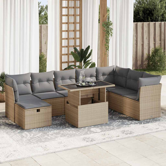 9-tlg. Garten-Sofagarnitur mit Kissen Beige Poly Rattan