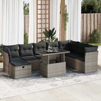 9-tlg. Garten-Sofagarnitur mit Kissen Grau Poly Rattan