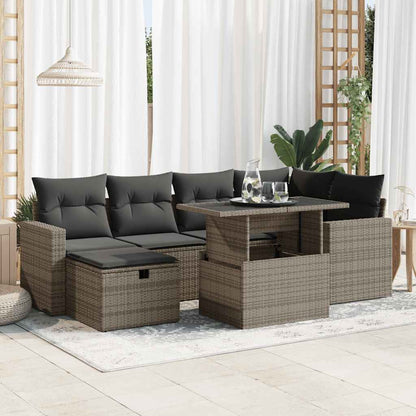 7-tlg. Garten-Sofagarnitur mit Kissen Grau Poly Rattan