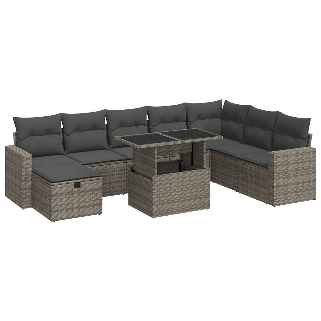 9-tlg. Garten-Sofagarnitur mit Kissen Grau Poly Rattan