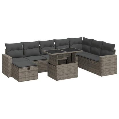 9-tlg. Garten-Sofagarnitur mit Kissen Grau Poly Rattan