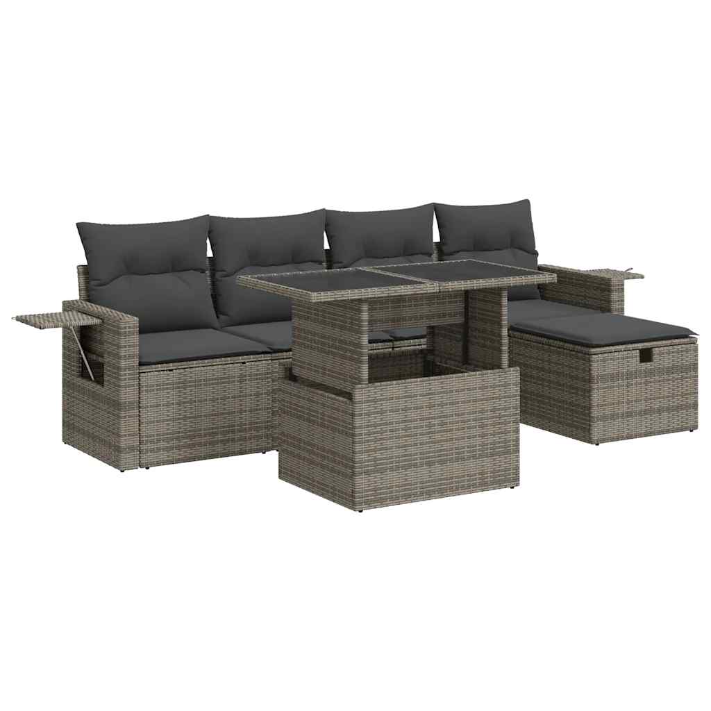 6-tlg. Garten-Sofagarnitur mit Kissen Grau Poly Rattan