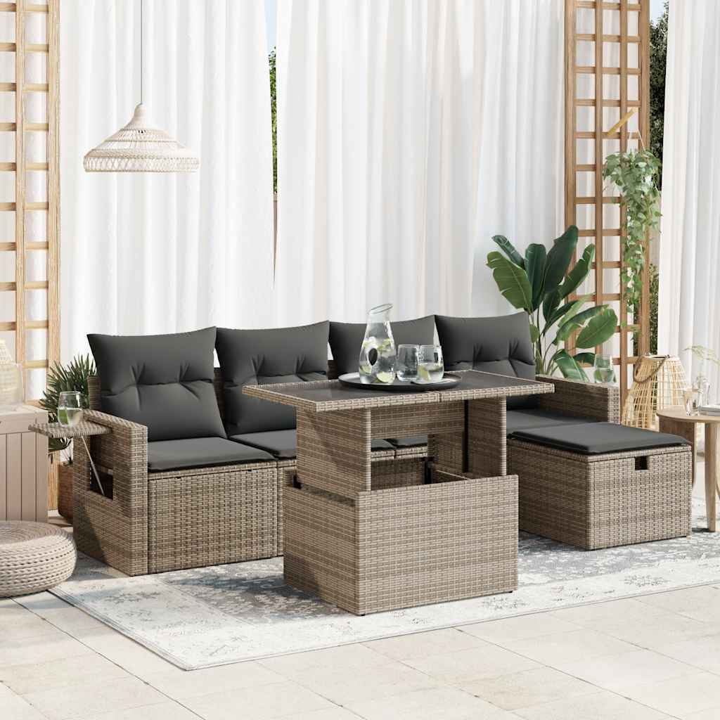 6-tlg. Garten-Sofagarnitur mit Kissen Grau Poly Rattan