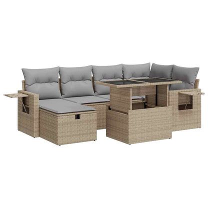 7-tlg. Garten-Sofagarnitur mit Kissen Beige Poly Rattan